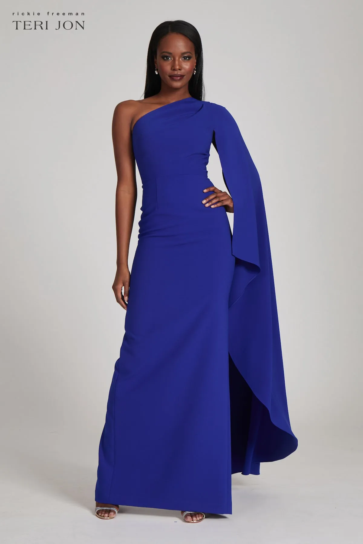 Stretch Crepe Cape One Shoulder Sleeve Gown