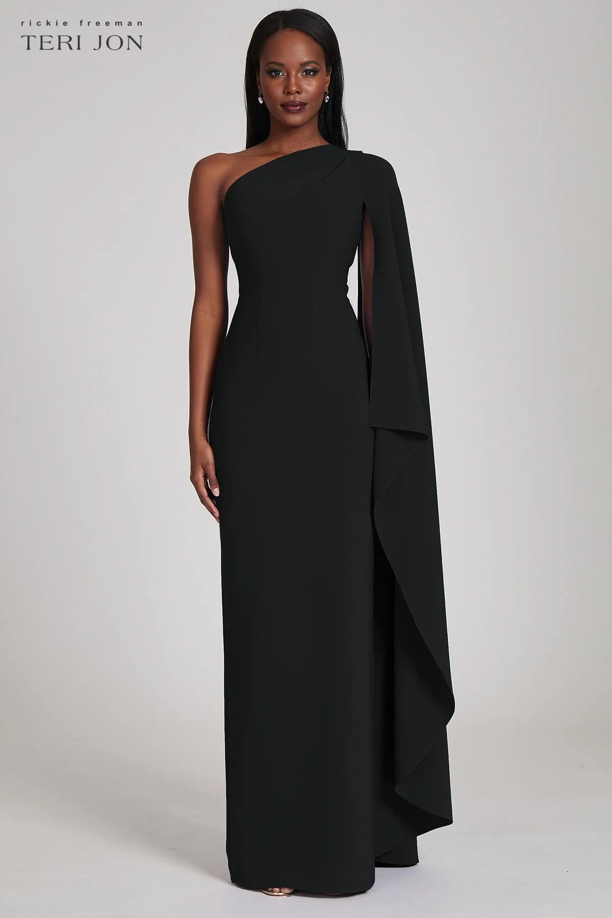Stretch Crepe Cape One Shoulder Sleeve Gown
