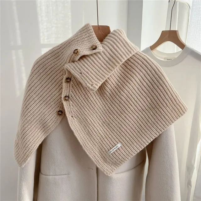 Turtleneck Plain Buttoned Knit Shawl