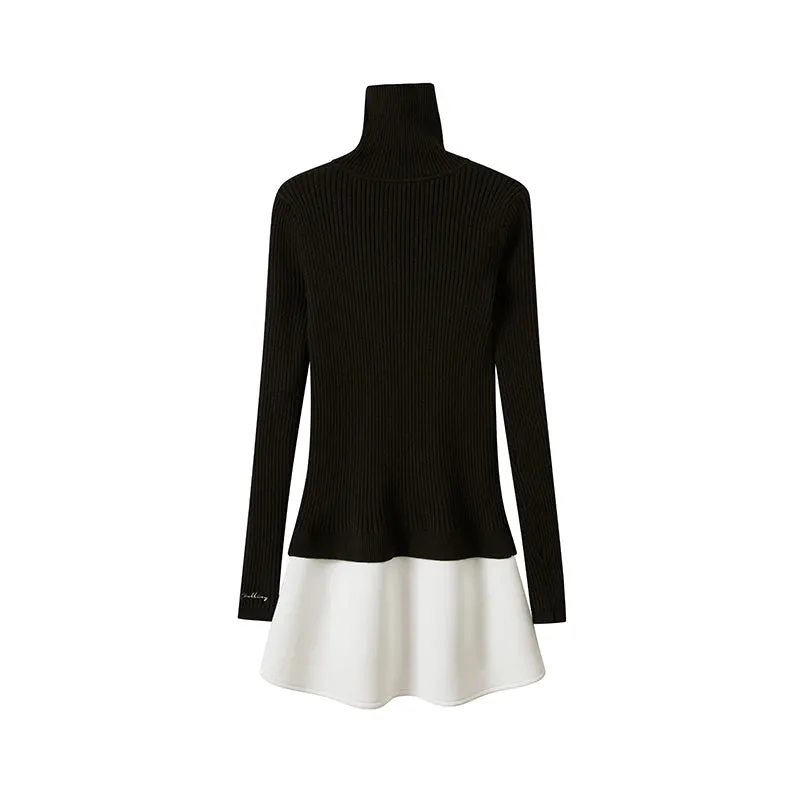TURTLENECK TIGHT SWEATER WITH MINI SKIRT & FAUX FUR HAND WARMERS