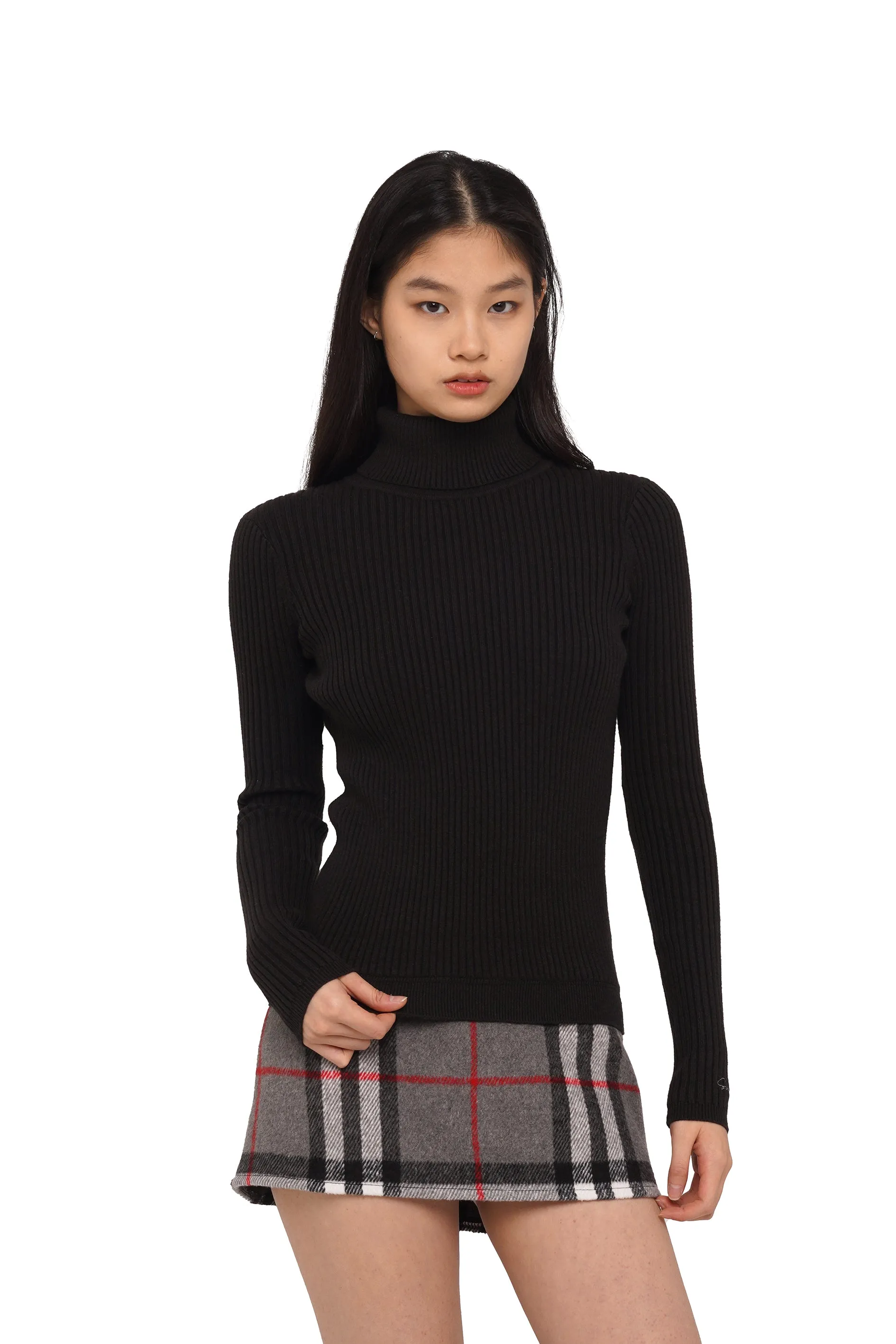 TURTLENECK TIGHT SWEATER WITH MINI SKIRT & FAUX FUR HAND WARMERS