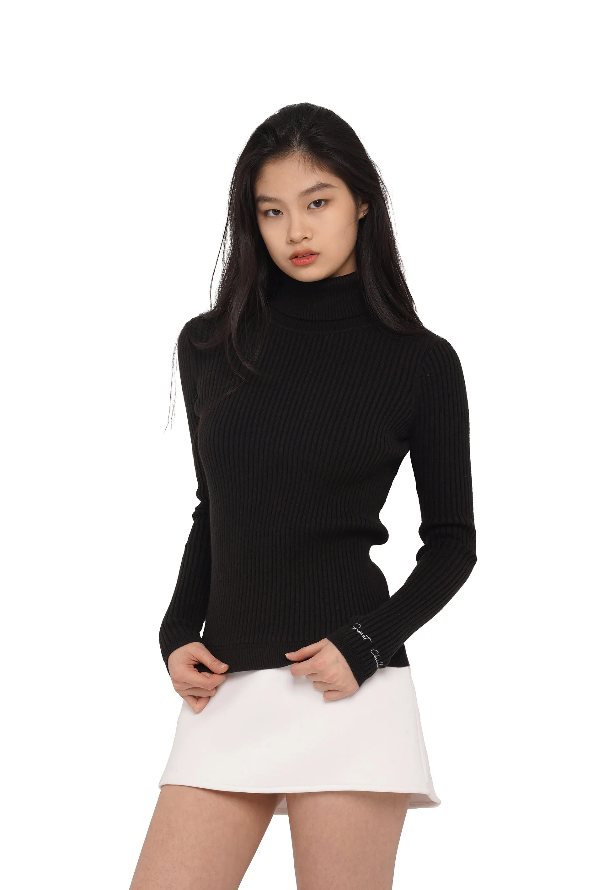 TURTLENECK TIGHT SWEATER WITH MINI SKIRT & FAUX FUR HAND WARMERS