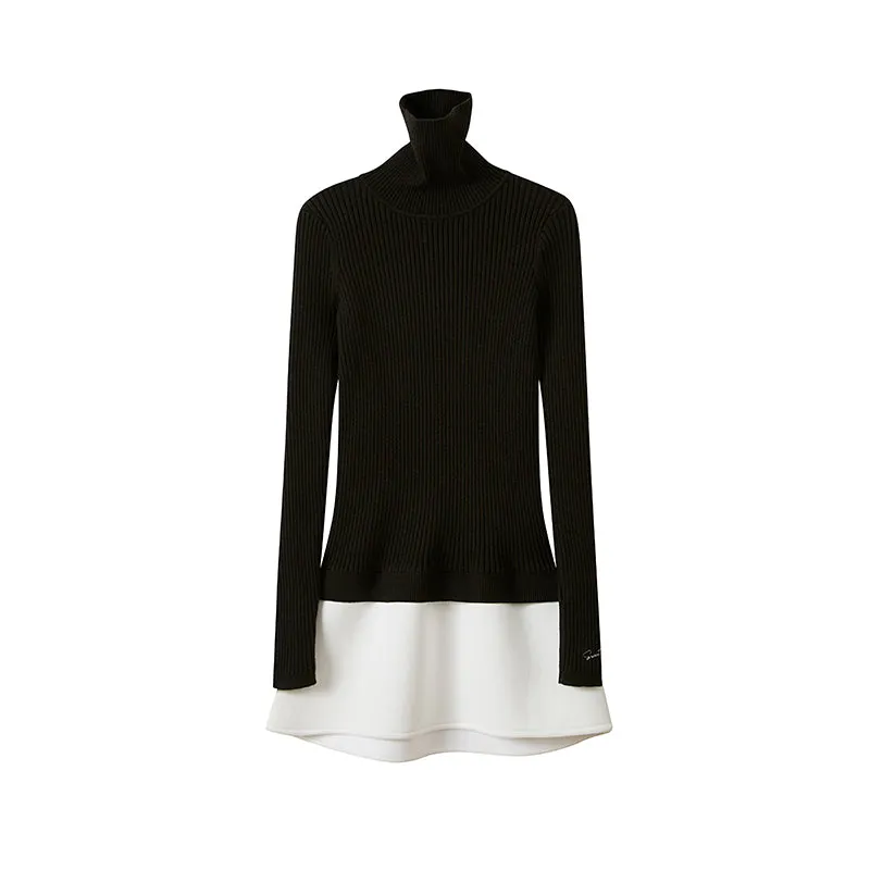 TURTLENECK TIGHT SWEATER WITH MINI SKIRT & FAUX FUR HAND WARMERS