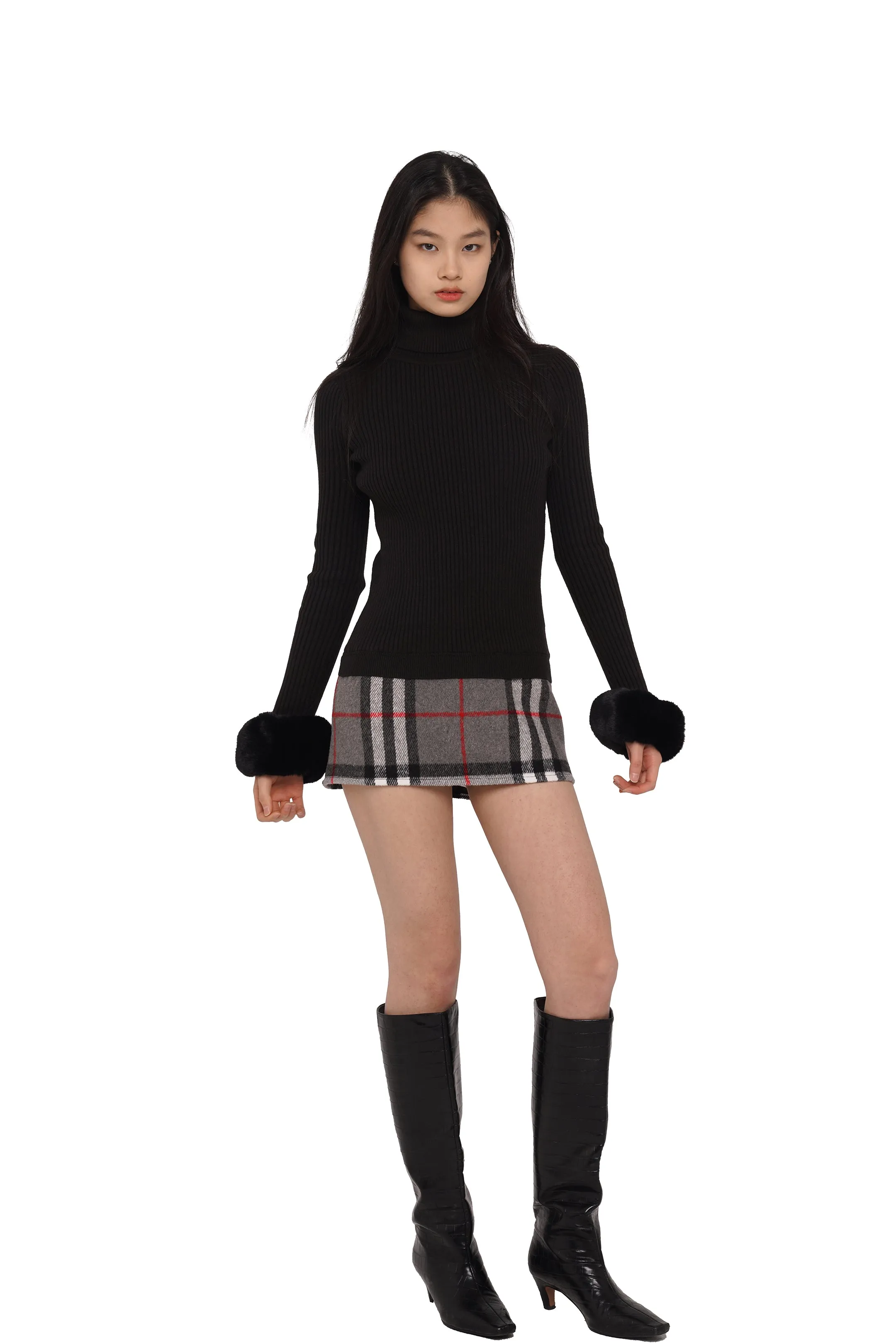 TURTLENECK TIGHT SWEATER WITH MINI SKIRT & FAUX FUR HAND WARMERS