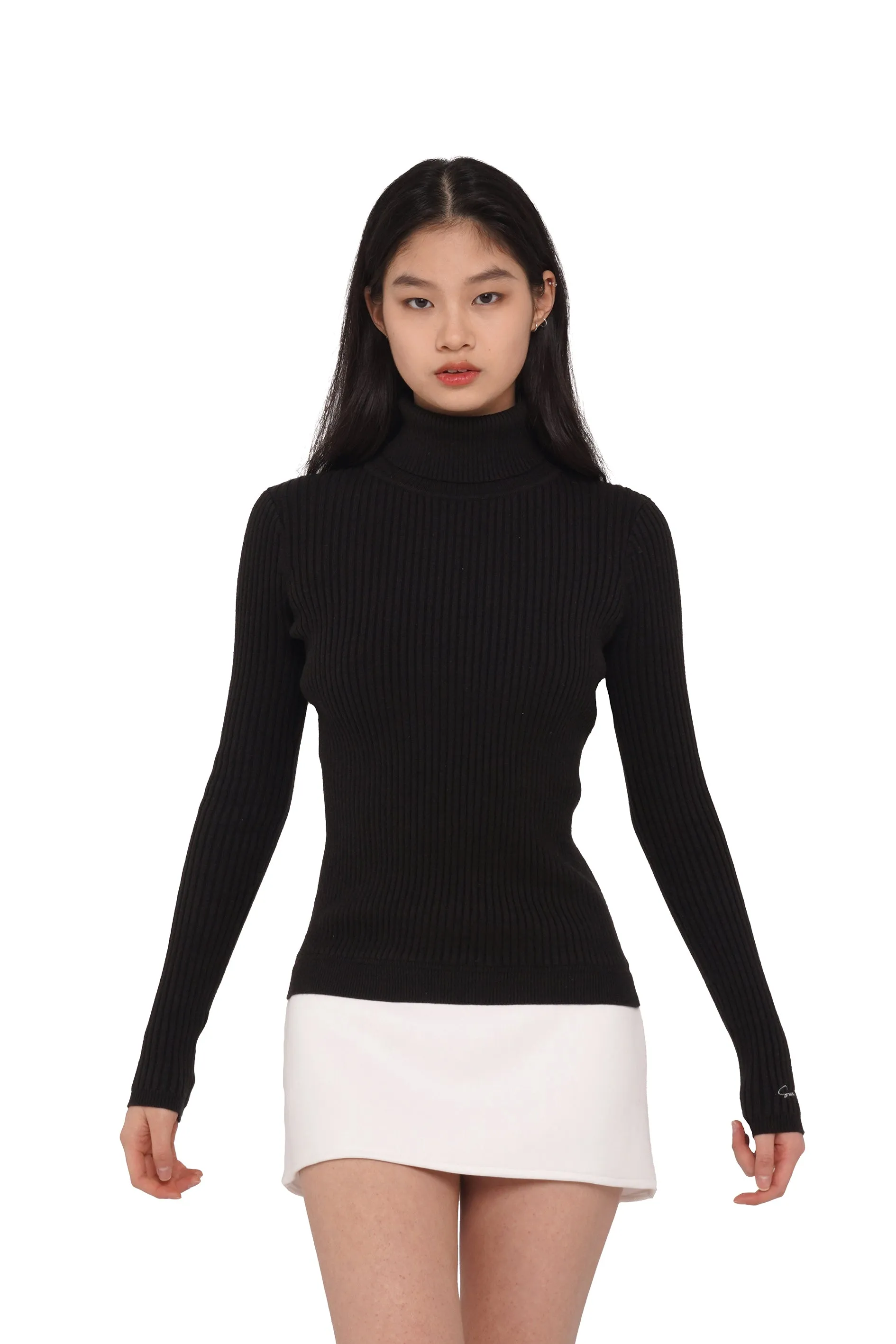 TURTLENECK TIGHT SWEATER WITH MINI SKIRT & FAUX FUR HAND WARMERS