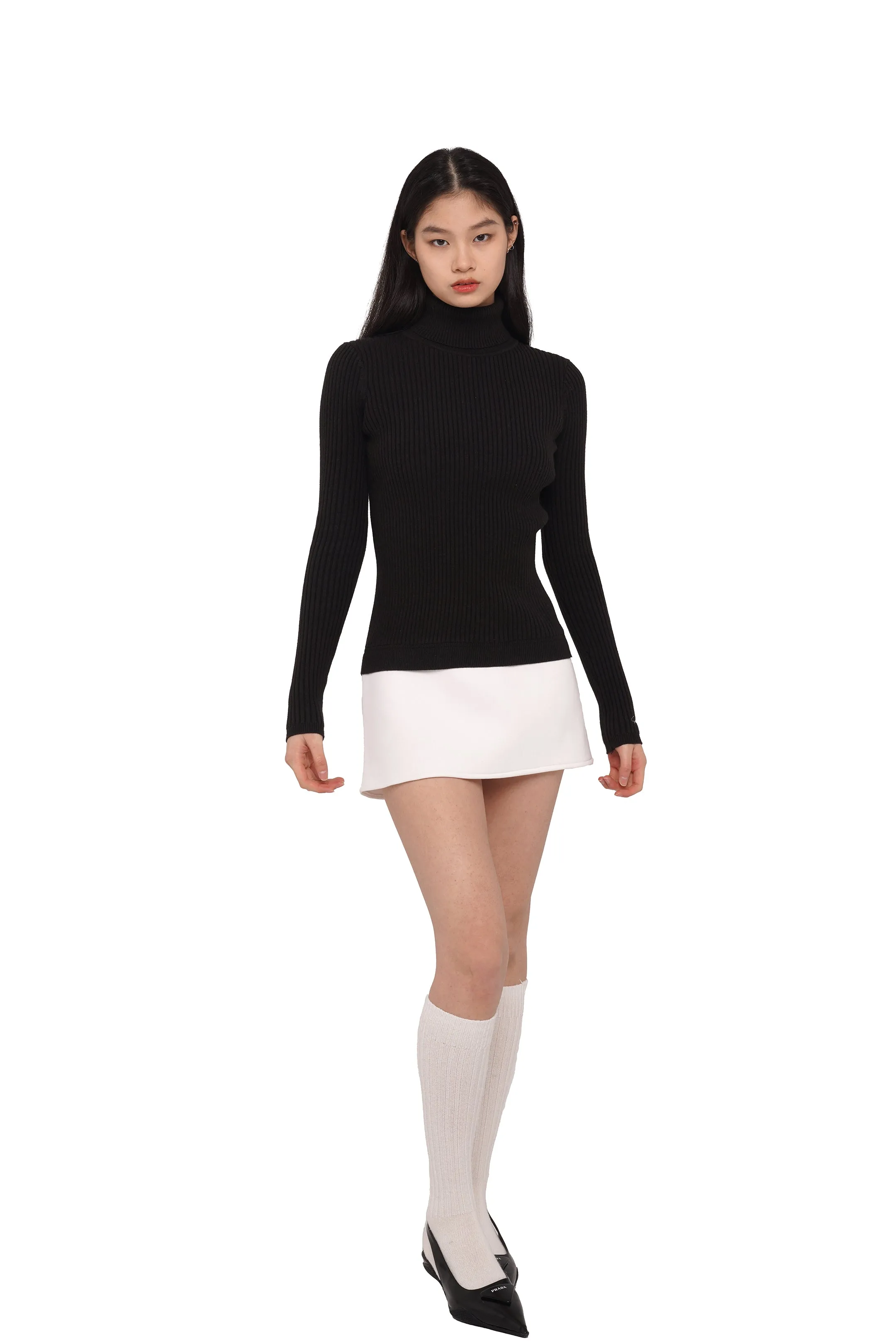 TURTLENECK TIGHT SWEATER WITH MINI SKIRT & FAUX FUR HAND WARMERS