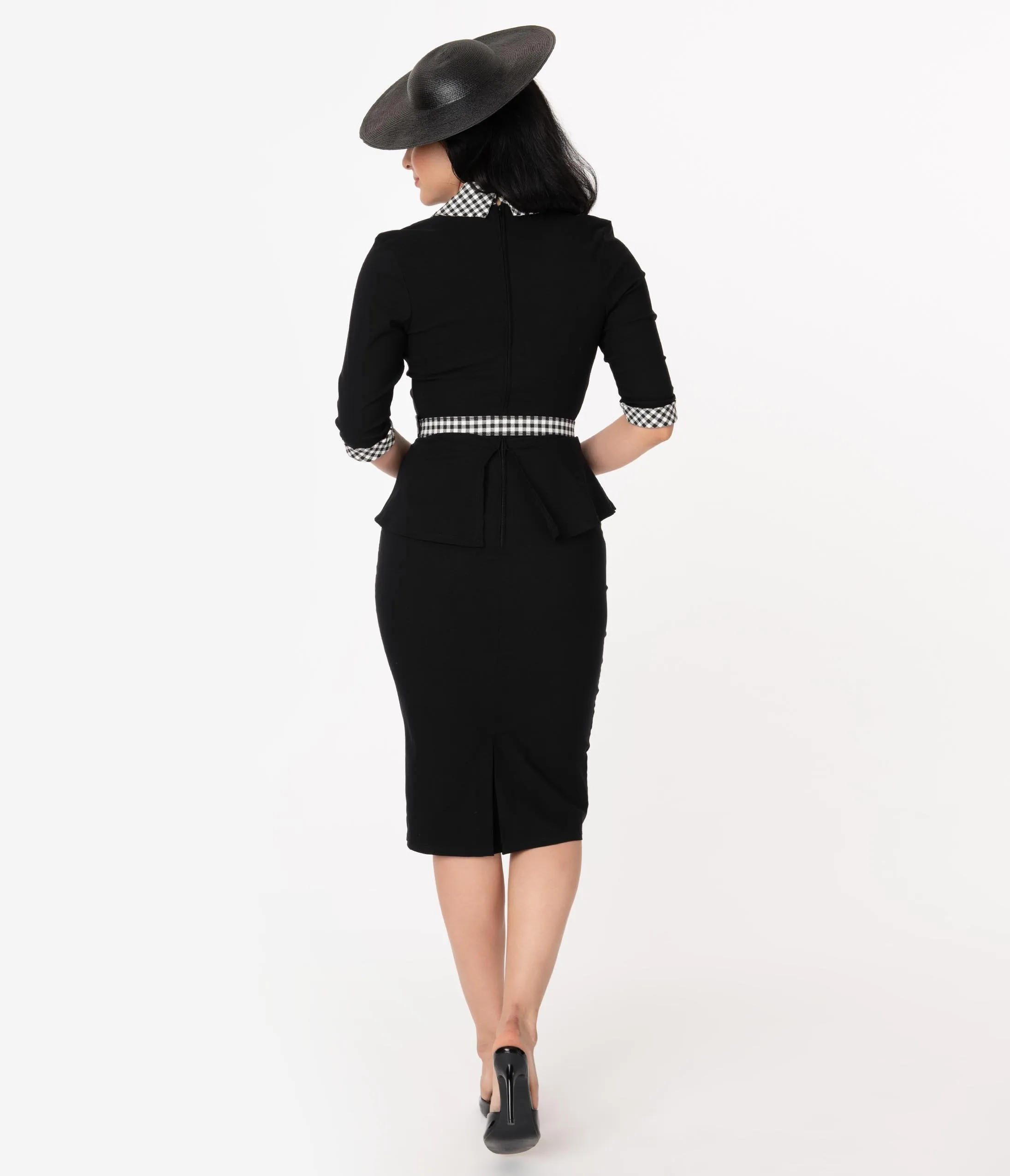 Unique Vintage 1940s Black & Gingham Peplum Cooper Suit Dress