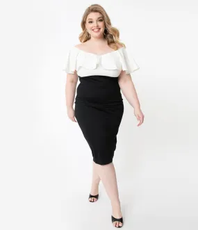 Unique Vintage Plus Size Black & White Colorblock Ruffle Lilith Wiggle Dress