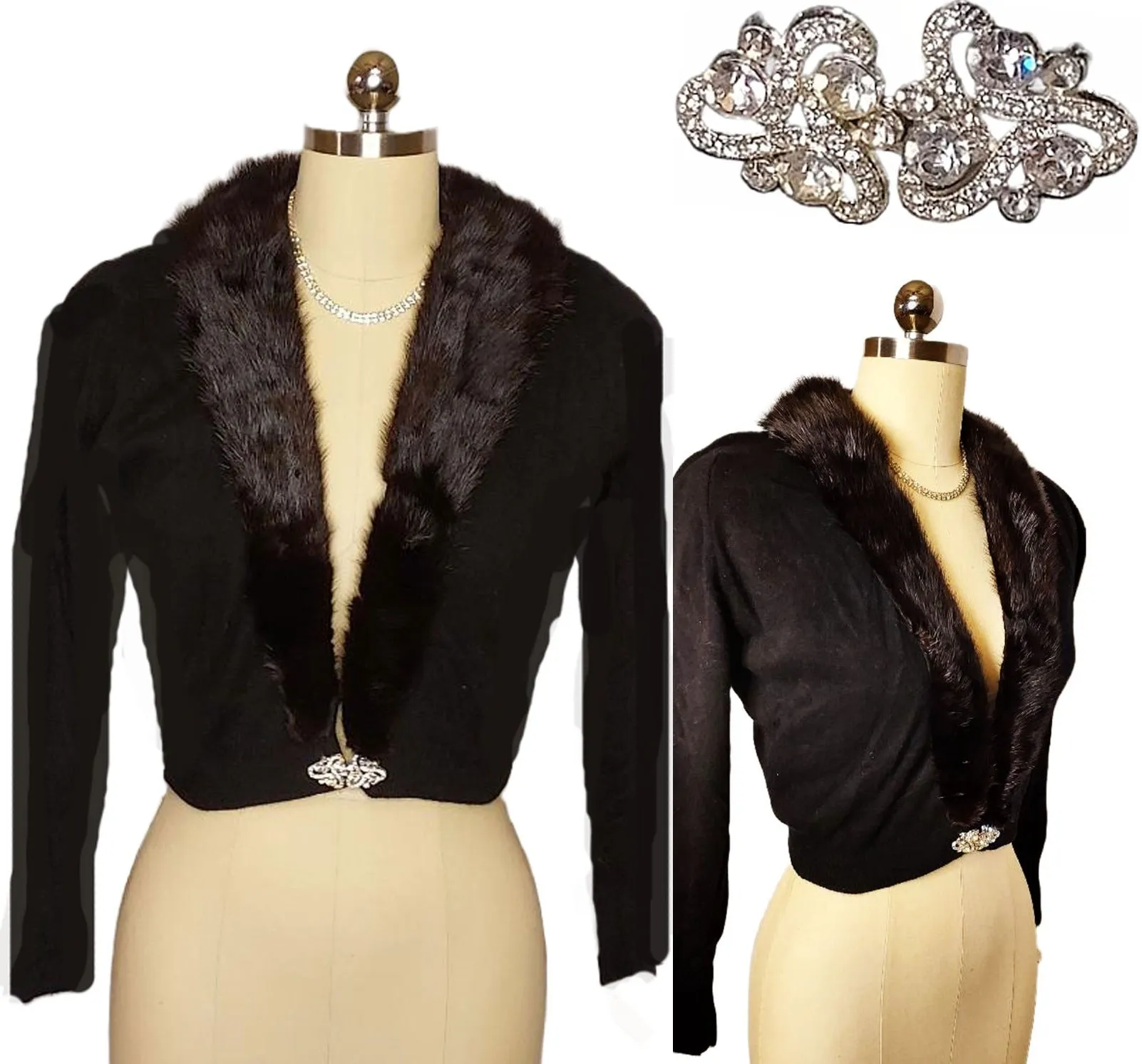 VINTAGE MAURICE BRUDER CASHMERE AND MINK EVENING SWEATER SPARKLING RHINESTONE CLASP