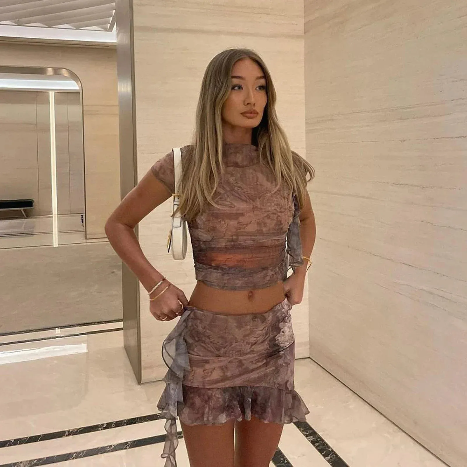 Women Y2K 2 Piece Skirt Set Flower Mesh Sleeveless Crop Tank Top Two Piece Mini Dress