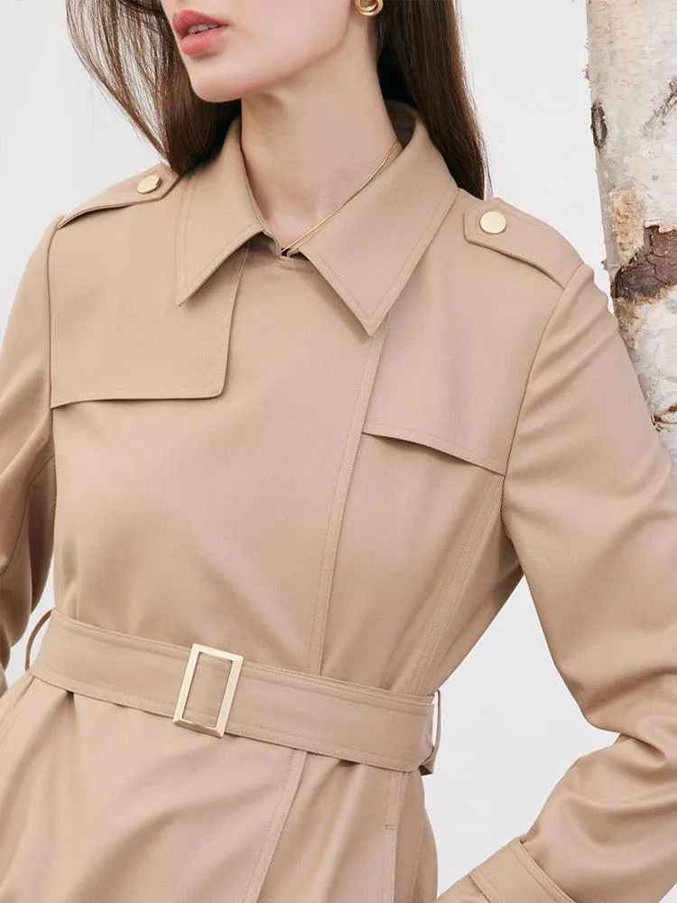 Worsted Woolen Trench Coat With Belt